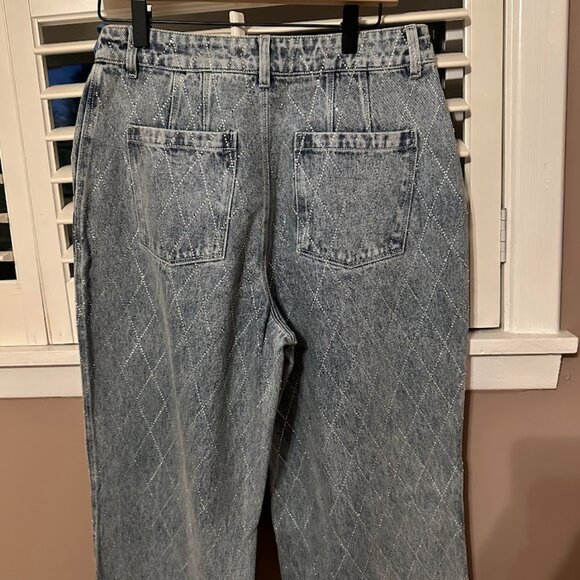 NWT Avec Les Filles High Waisted Rhinestone Wide Leg Denim Jeans - Picture 7 of 7